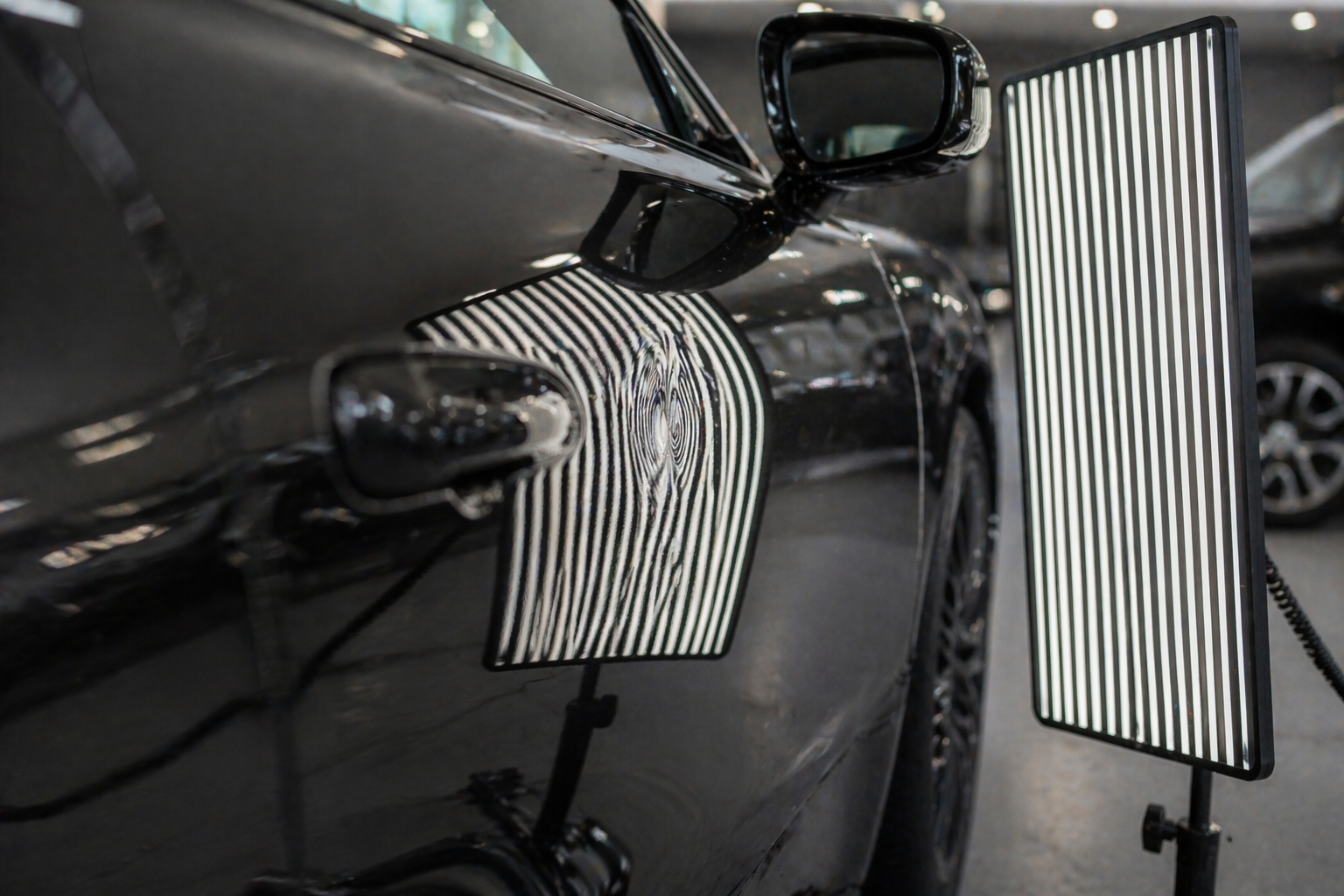 PDR board reflected in a dark prestige panel showing the gridded reflection technique