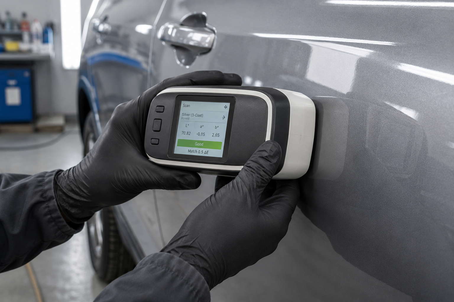 Measuring car paint match in workshop