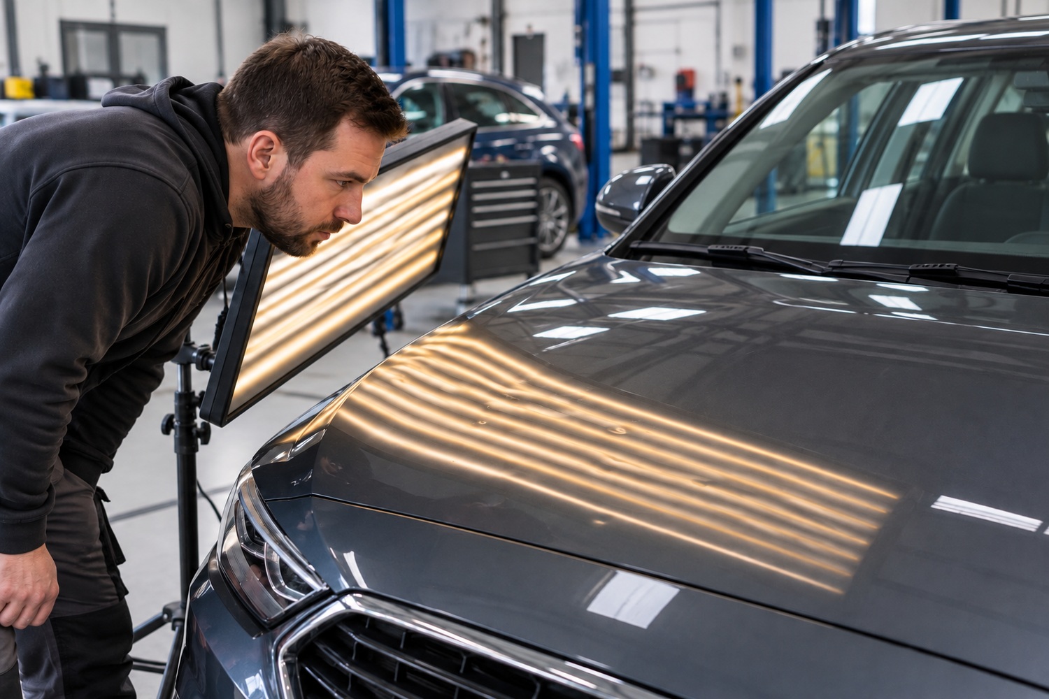 Technician assesses shallow bonnet dents using a paintless dent repair reflection light.