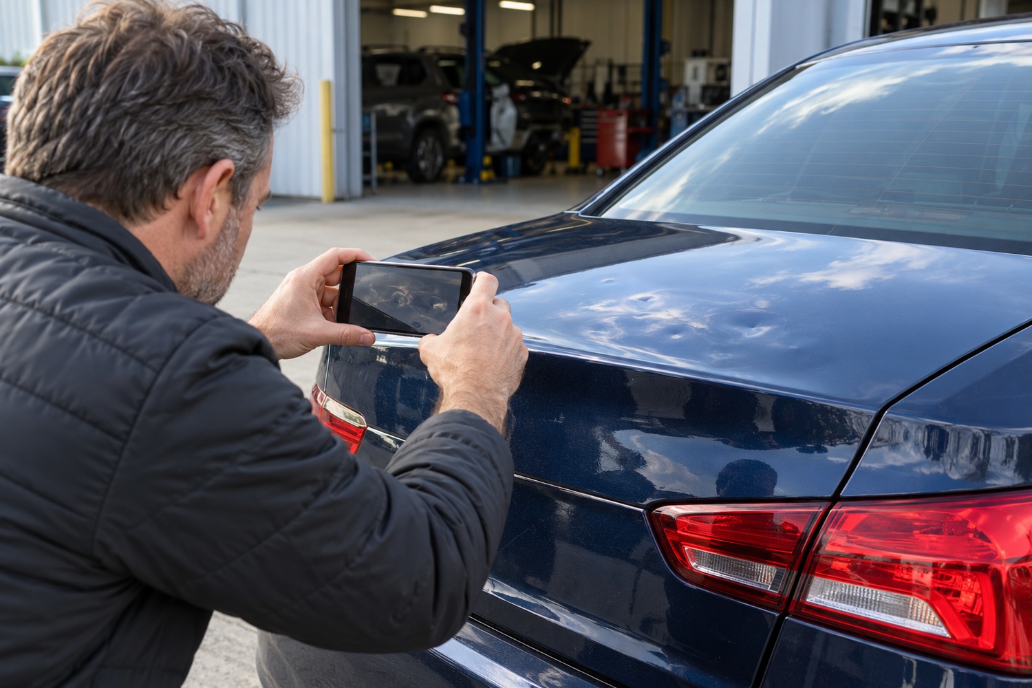Owner photographs hail dents across a blue car boot lid for a repair enquiry.