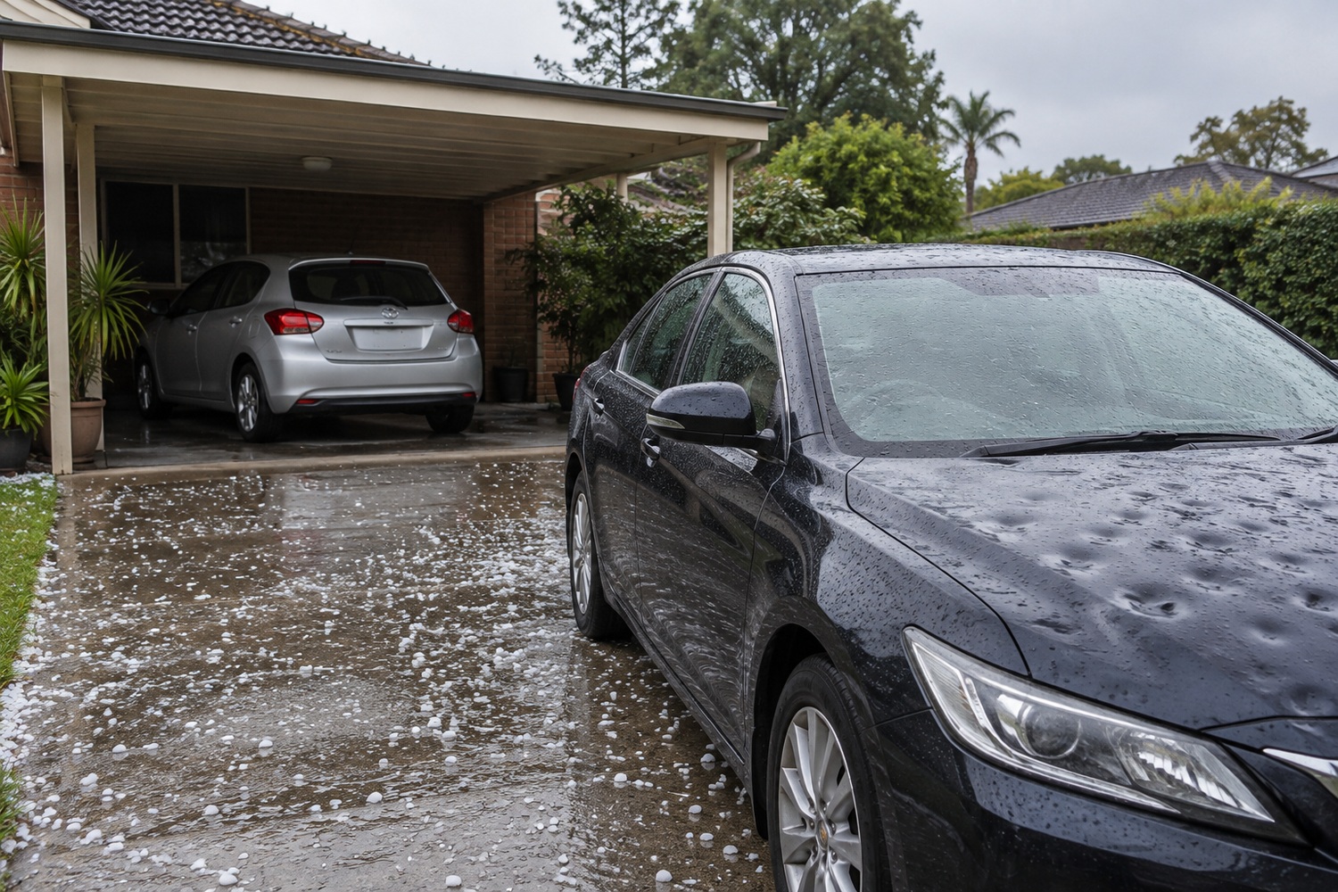 One car shelters beneath a carport while a hail dented sedan sits in the open driveway.