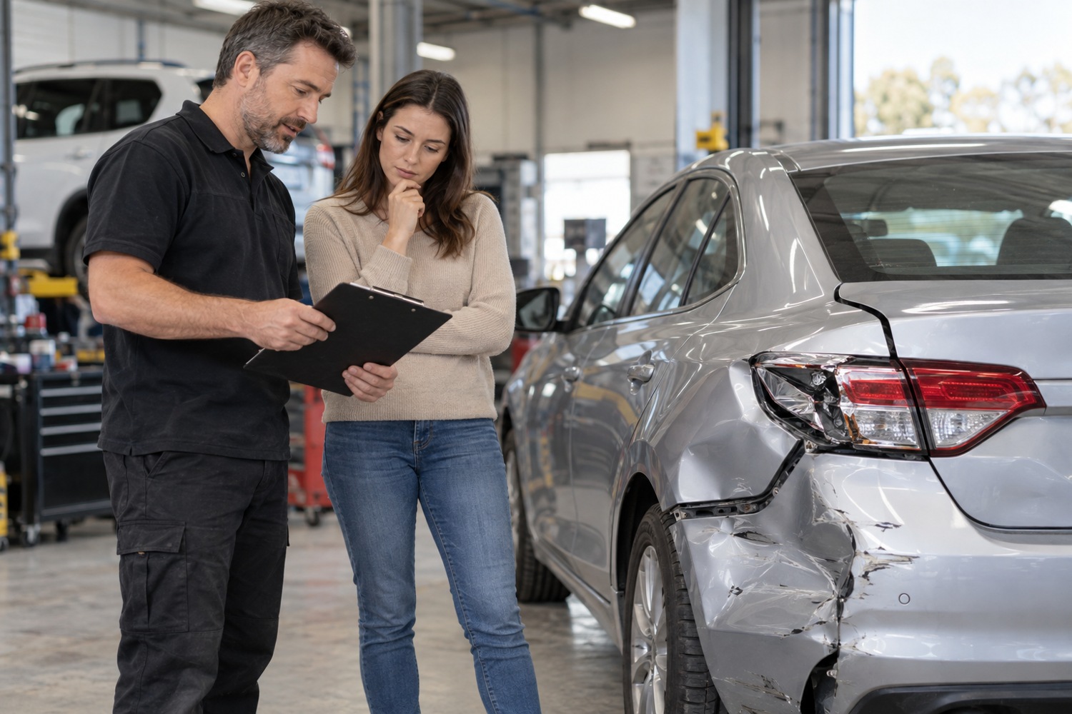 Estimator reviews a repair quote with a car owner beside a sedan with rear corner damage.