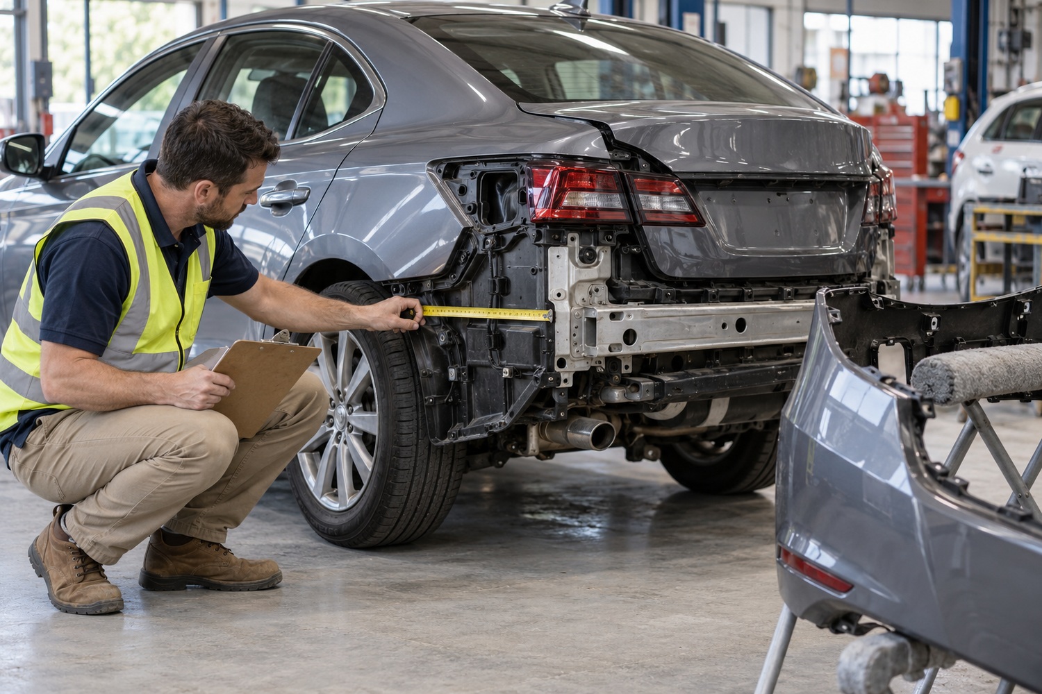 Assessor measures a damaged rear corner with the bumper cover removed for inspection.