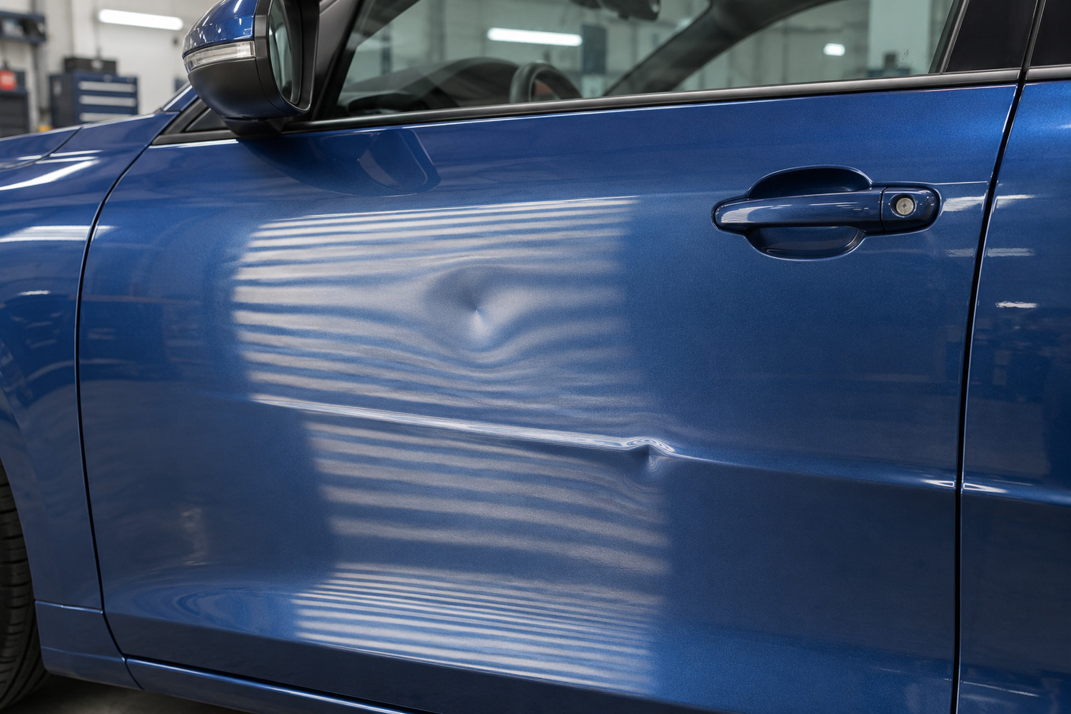 Flat-panel dent and body-line dent revealed by reflection lighting on a blue car door