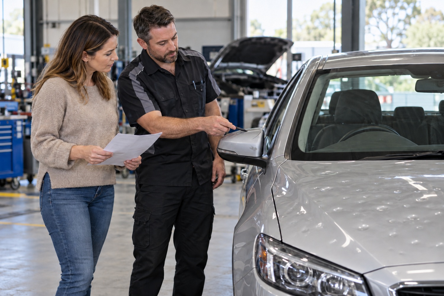 Estimator discusses a cracked mirror cap with an owner holding a repair quote.