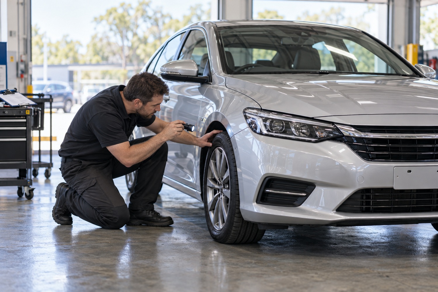 Inspector checks a repaired sedan tyre and wheel arch with a torch.