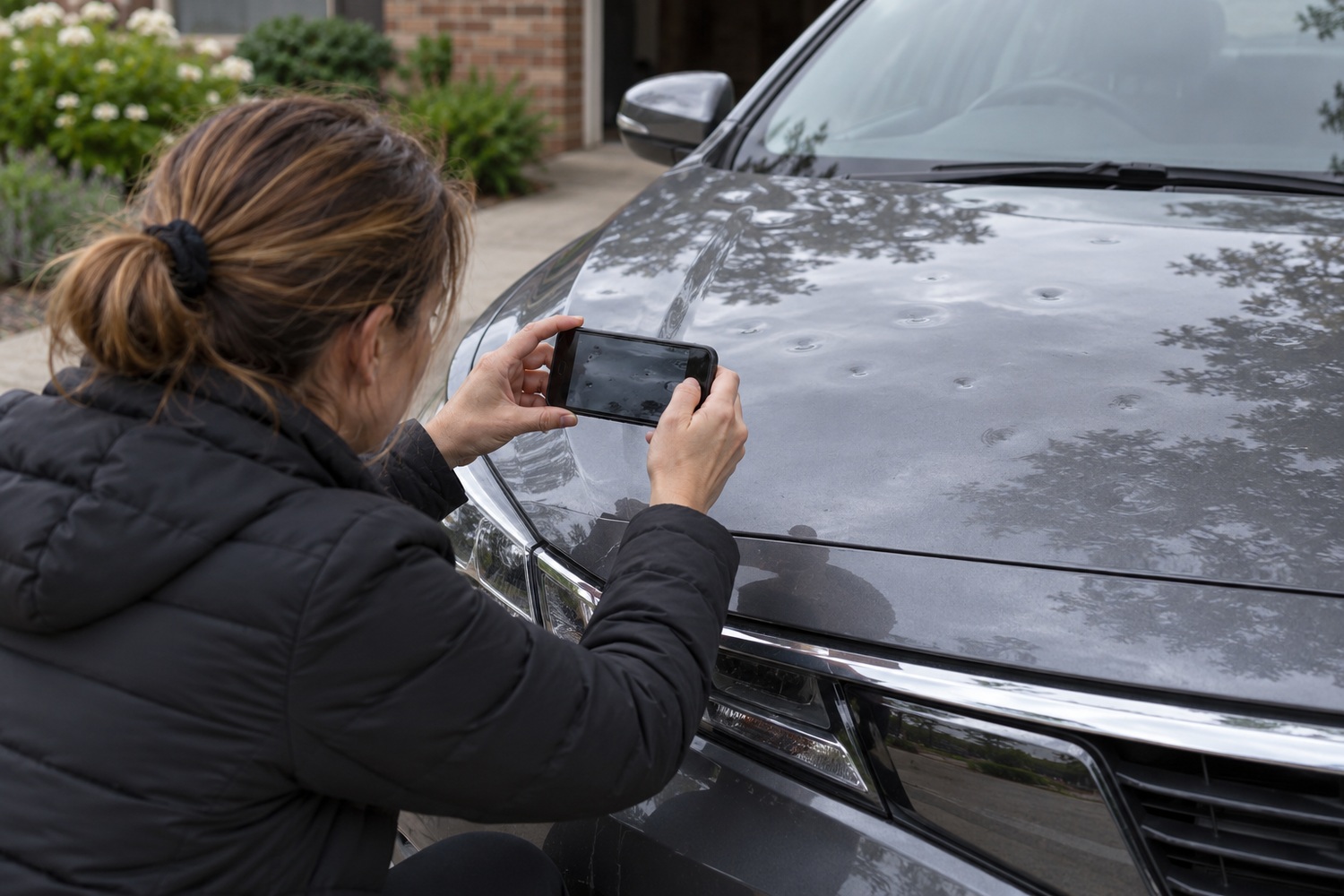 Woman photographs shallow hail dents on a car bonnet from a low angle.