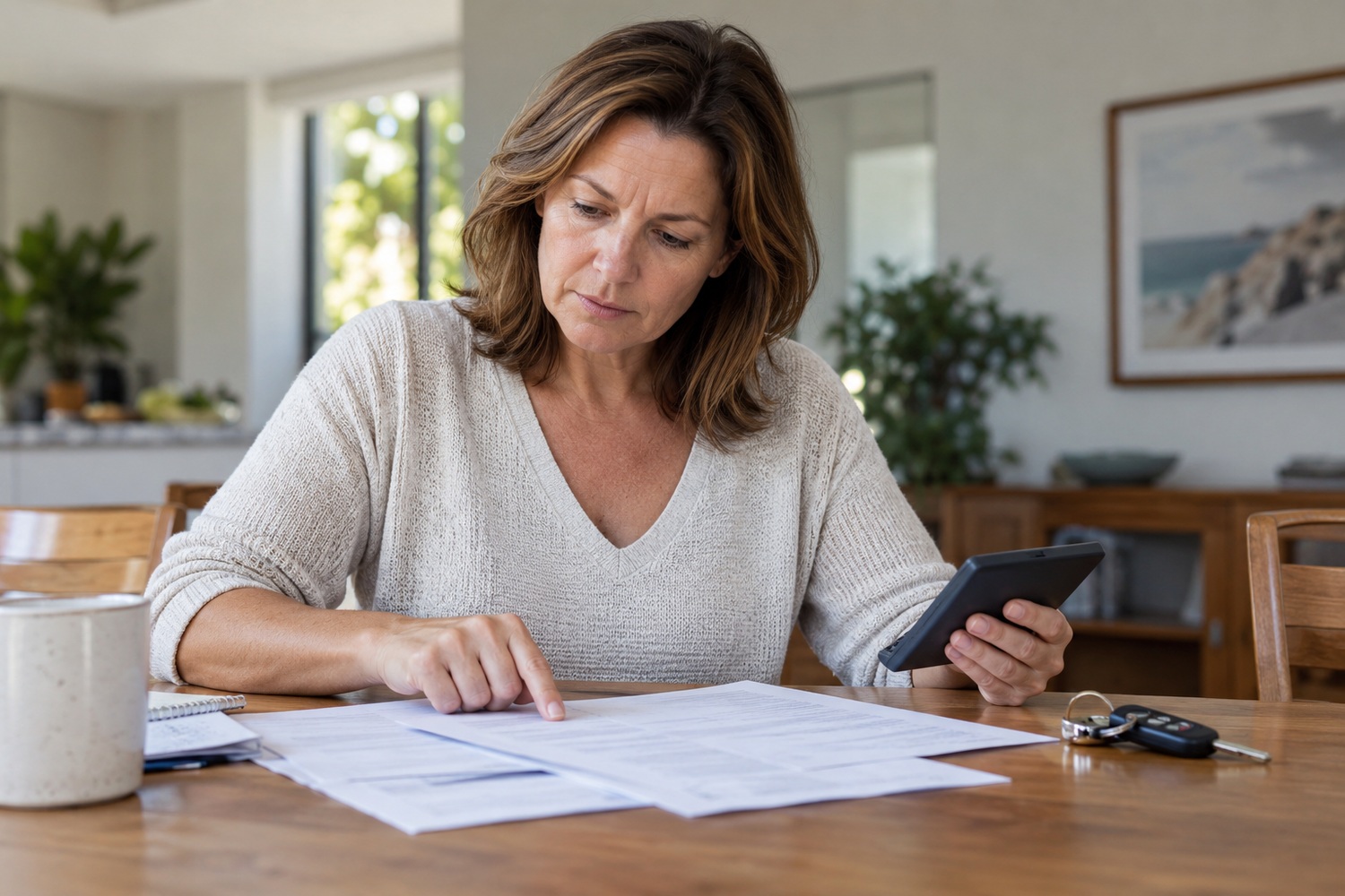 Woman reviews insurance paperwork with a calculator and car keys on the table.