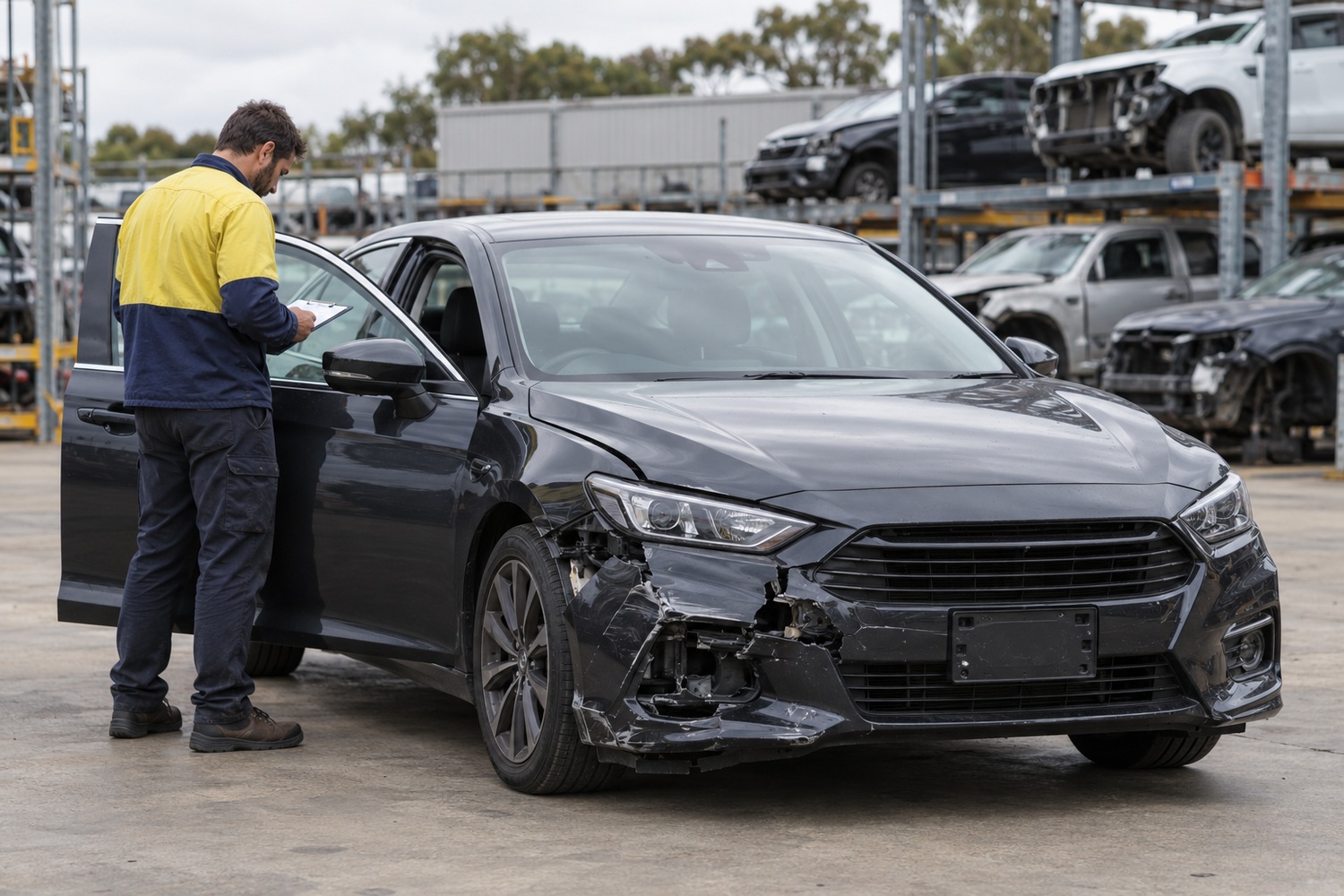 Yard technician records details beside an unregistered damaged sedan in a salvage yard.