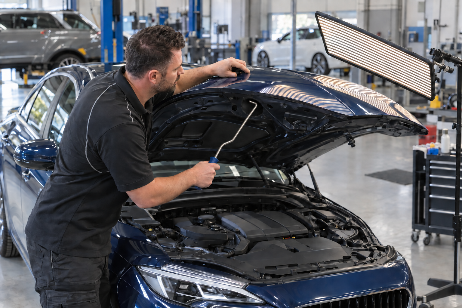 Technician using an offset PDR rod and striped reflection light to repair the bonnet of a dark blue prestige sedan