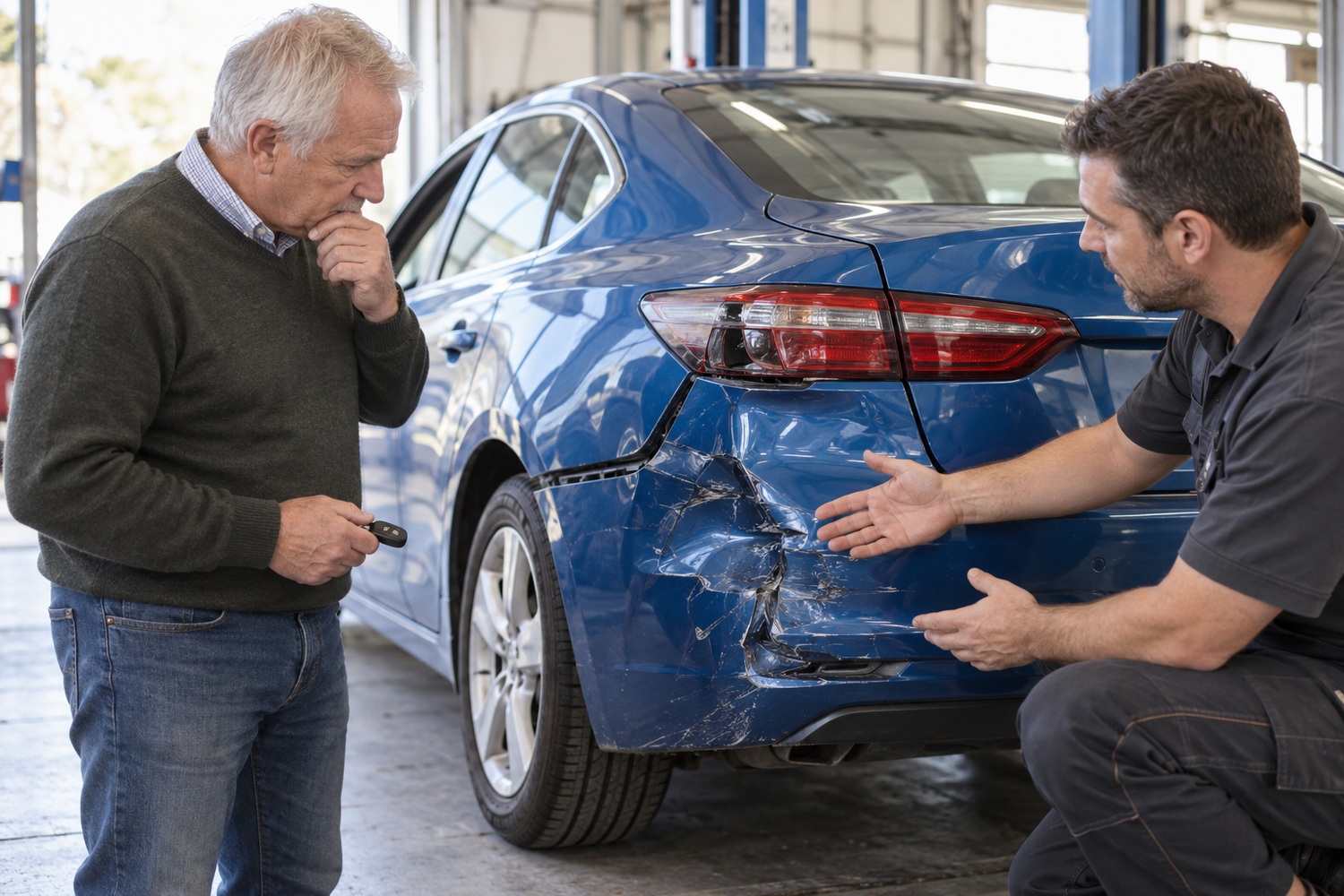 Owner holding car keys discusses a damaged rear bumper with a repairer.