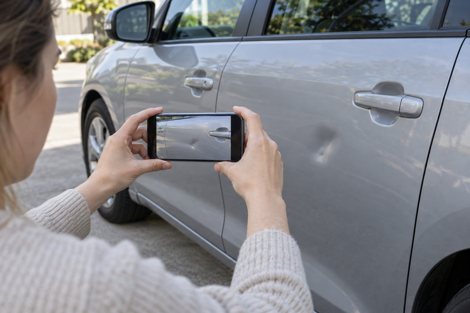 Person photographing a shallow car door dent with a smartphone for a repair quote