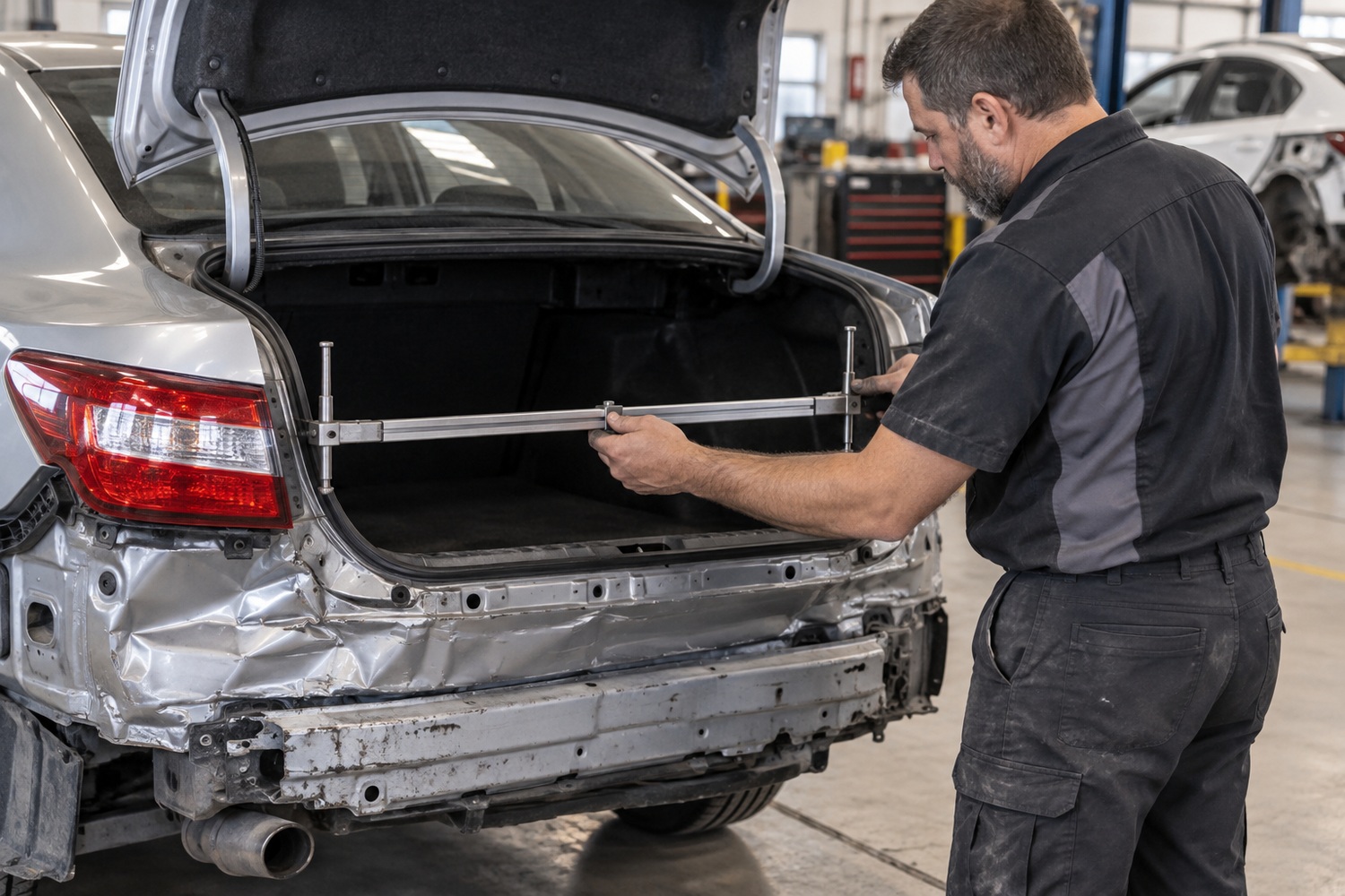 Repairer checks a damaged sedan boot opening with a mechanical tram gauge.