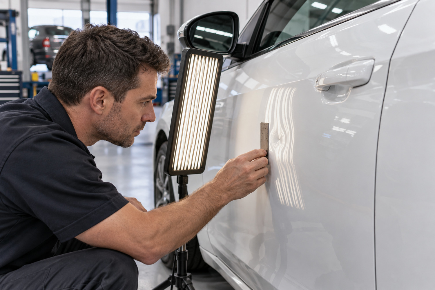 Technician assessing a small dent under a striped reflection light on a white car door