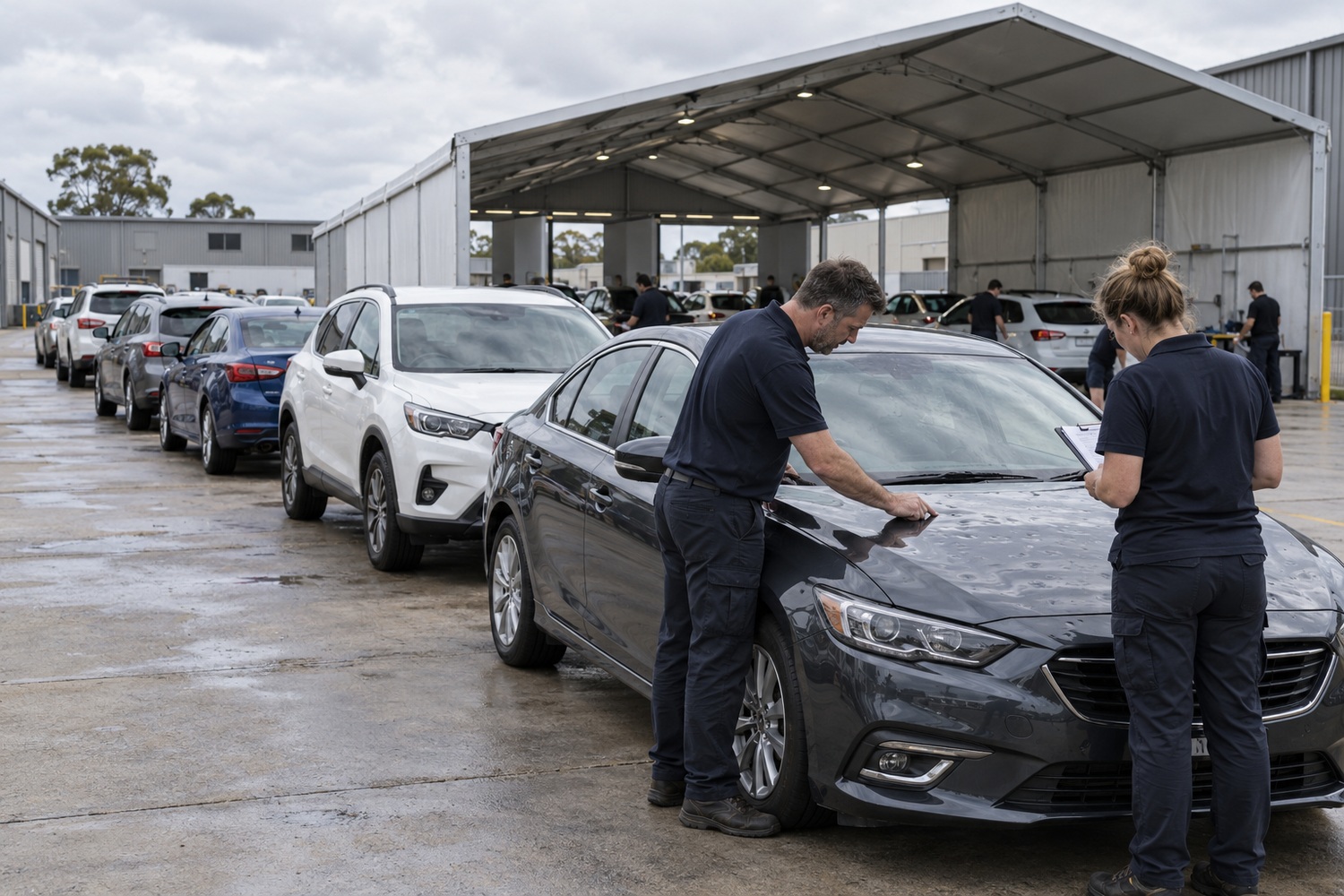 Assessors inspect a hail damaged car at the front of a queue in an assessment yard.
