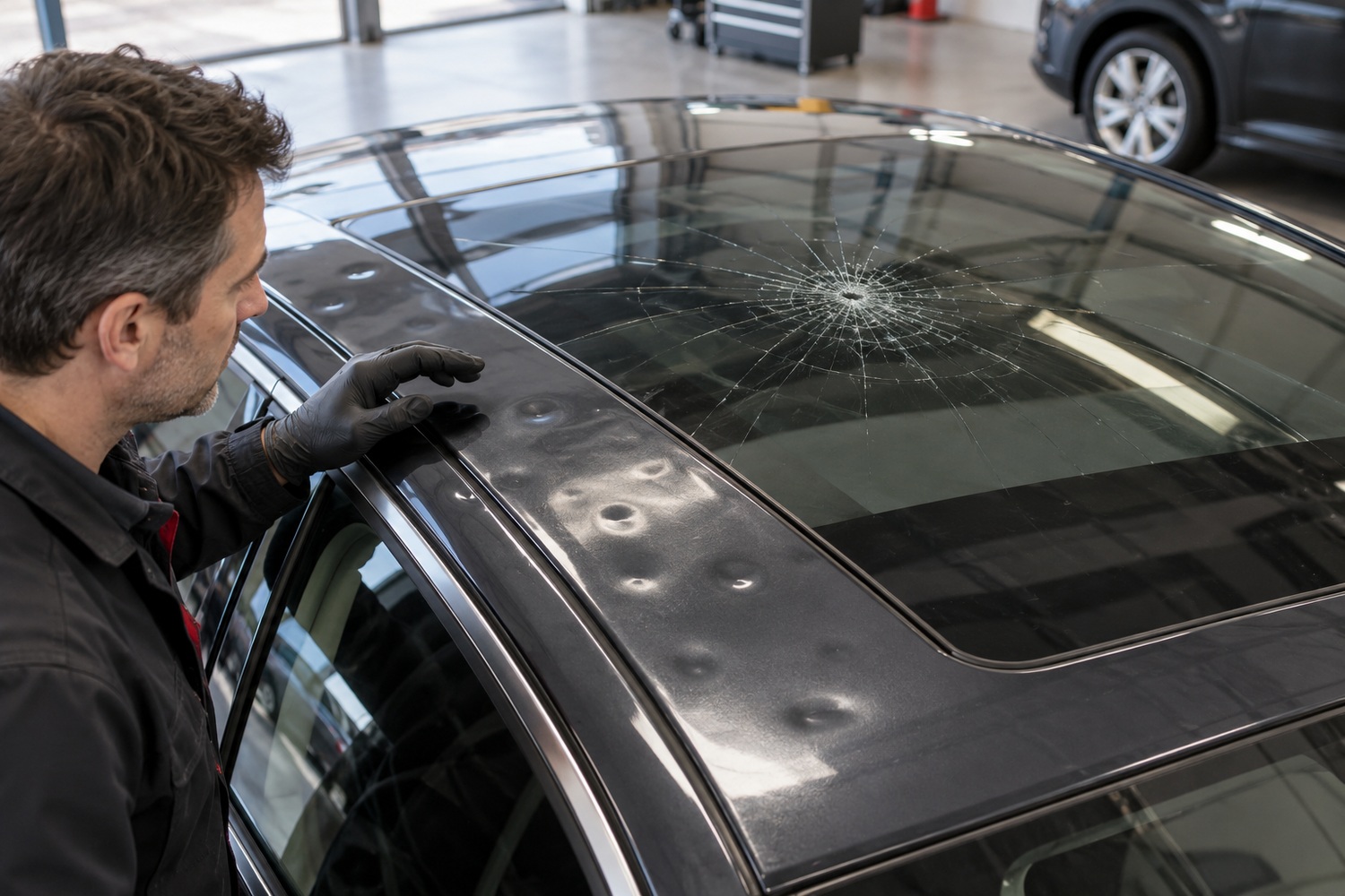 Assessor examines cracked panoramic roof glass and hail dents in the surrounding metal.