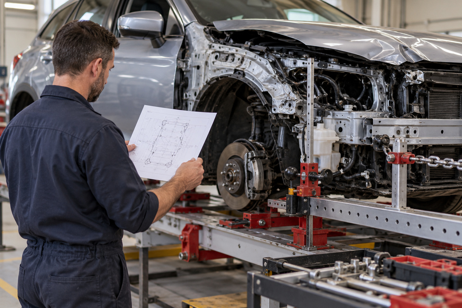 Technician reviewing a body measurement sheet beside a damaged car on a repair bench.