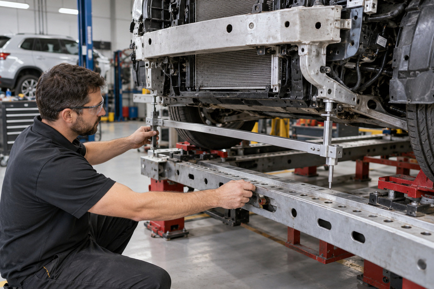Technician examining a measuring fixture beneath the exposed front structure of a car on a repair bench.