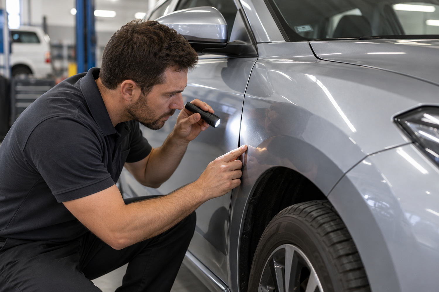 Technician checking a panel gap between a silver car front door and guard with an inspection light.