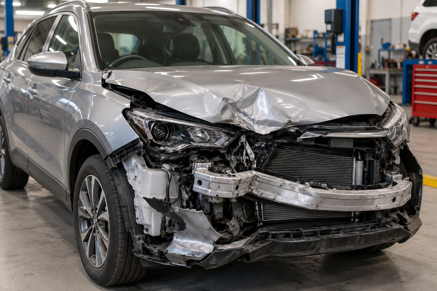 Silver car with a crushed bonnet and damaged front end, with the windscreen and cabin intact.