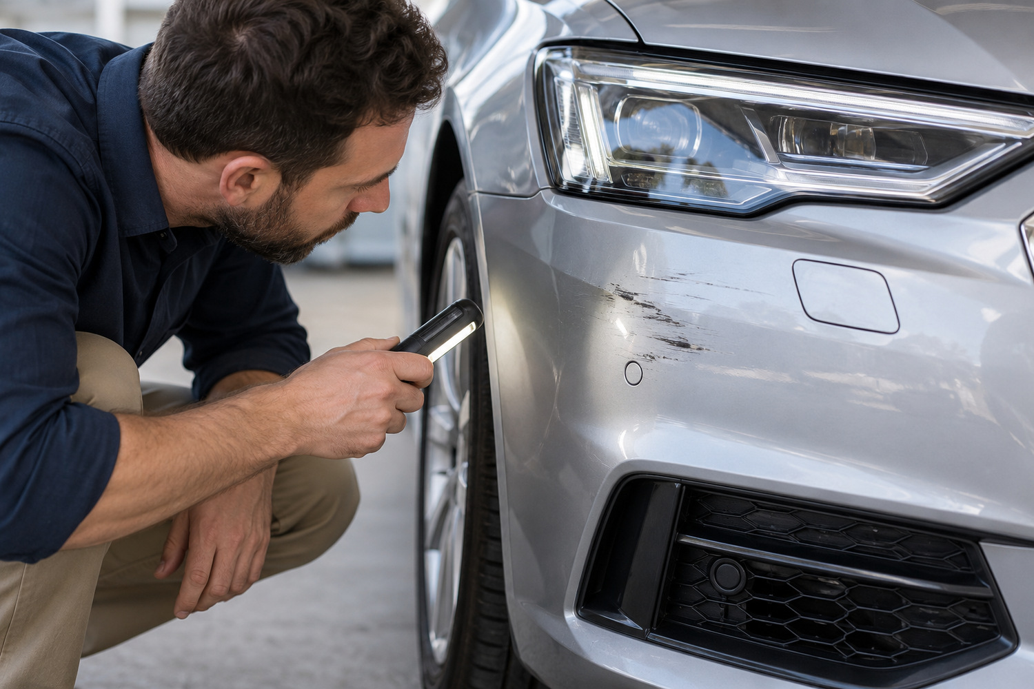 Assessor uses an inspection light to examine scrapes on a silver car bumper.