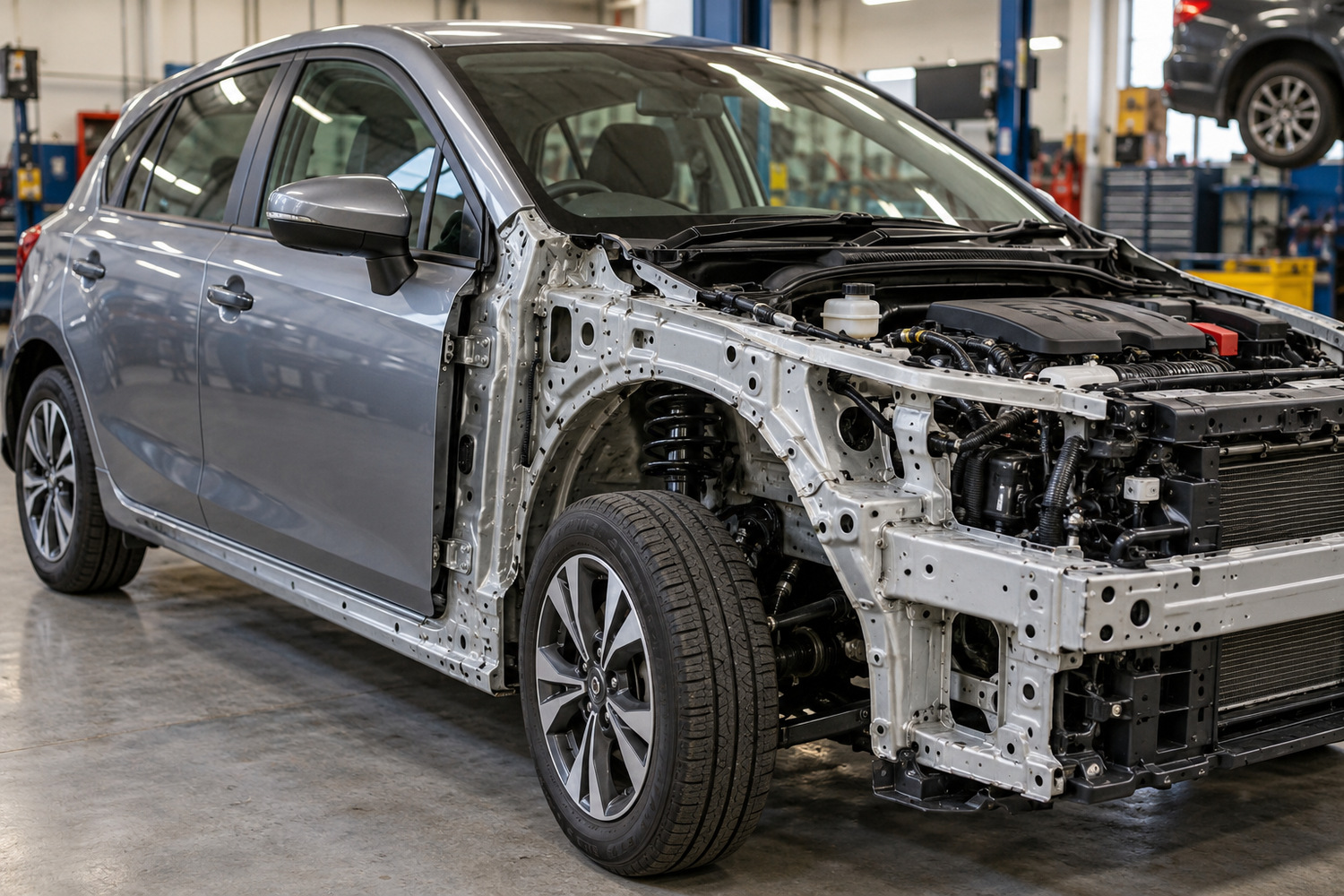 Modern car with its front guard and bumper removed, revealing the welded inner body structure.
