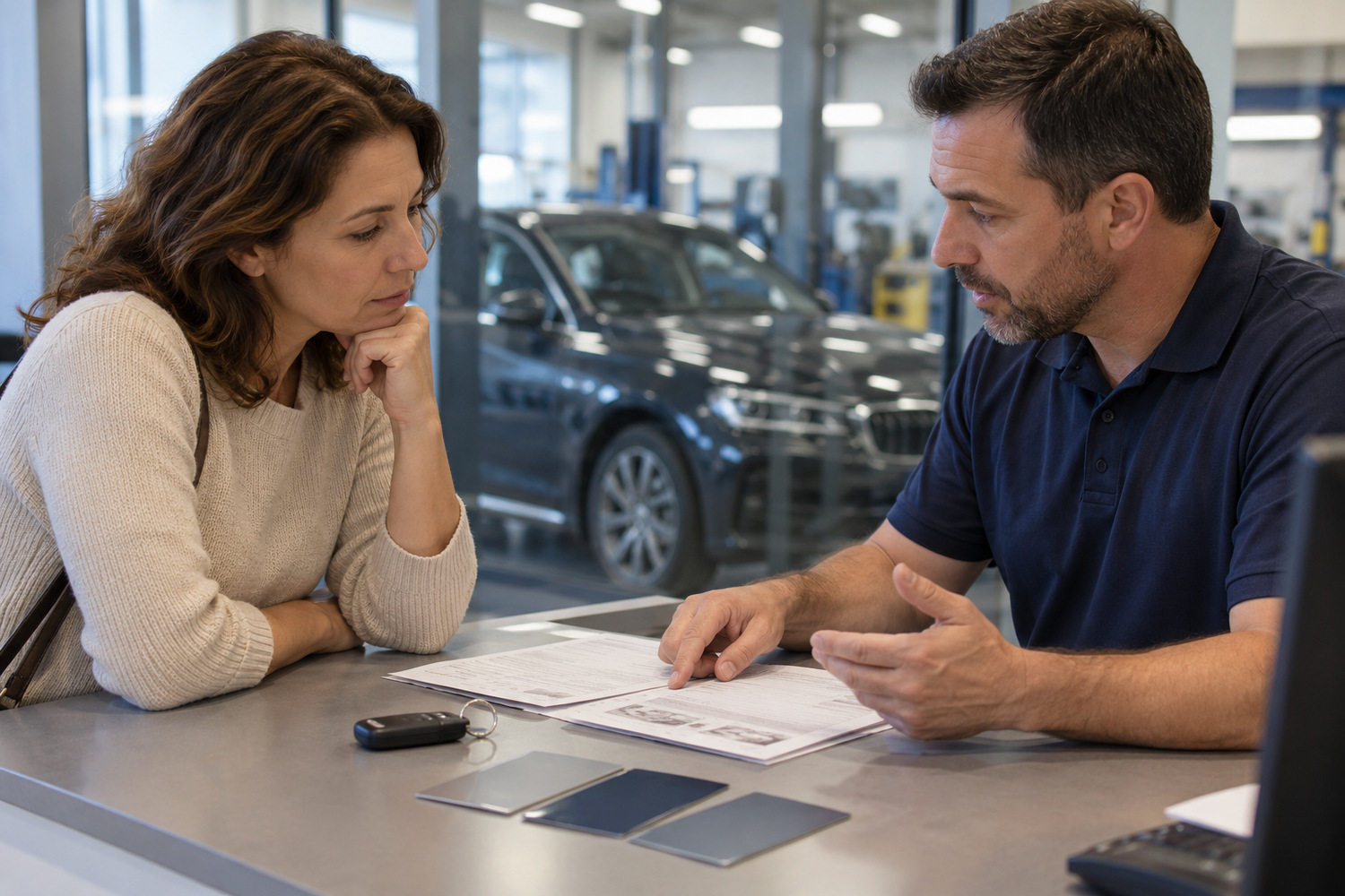 Customer discusses repair paperwork and paint samples with a bodyshop adviser.
