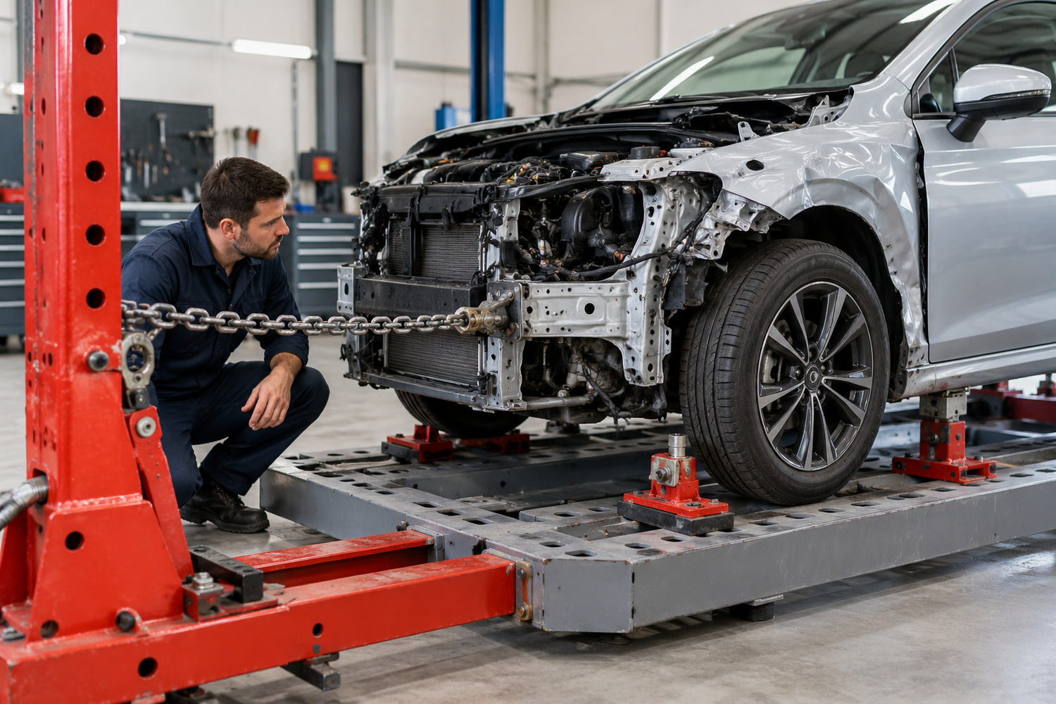 Damaged car positioned on an alignment bench with a pulling chain attached to its front structure.