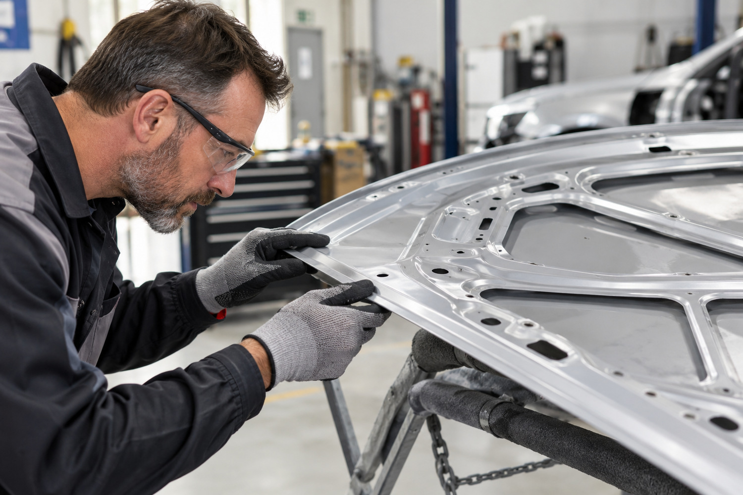 Panel technician examines the edge of a detached metal bonnet supported on a padded stand.