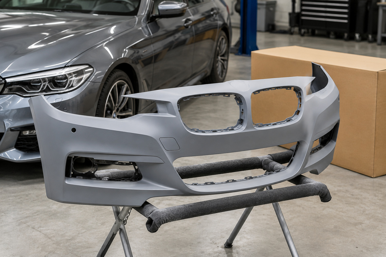 Unpainted moulded bumper cover rests on a padded stand beside a European sedan.