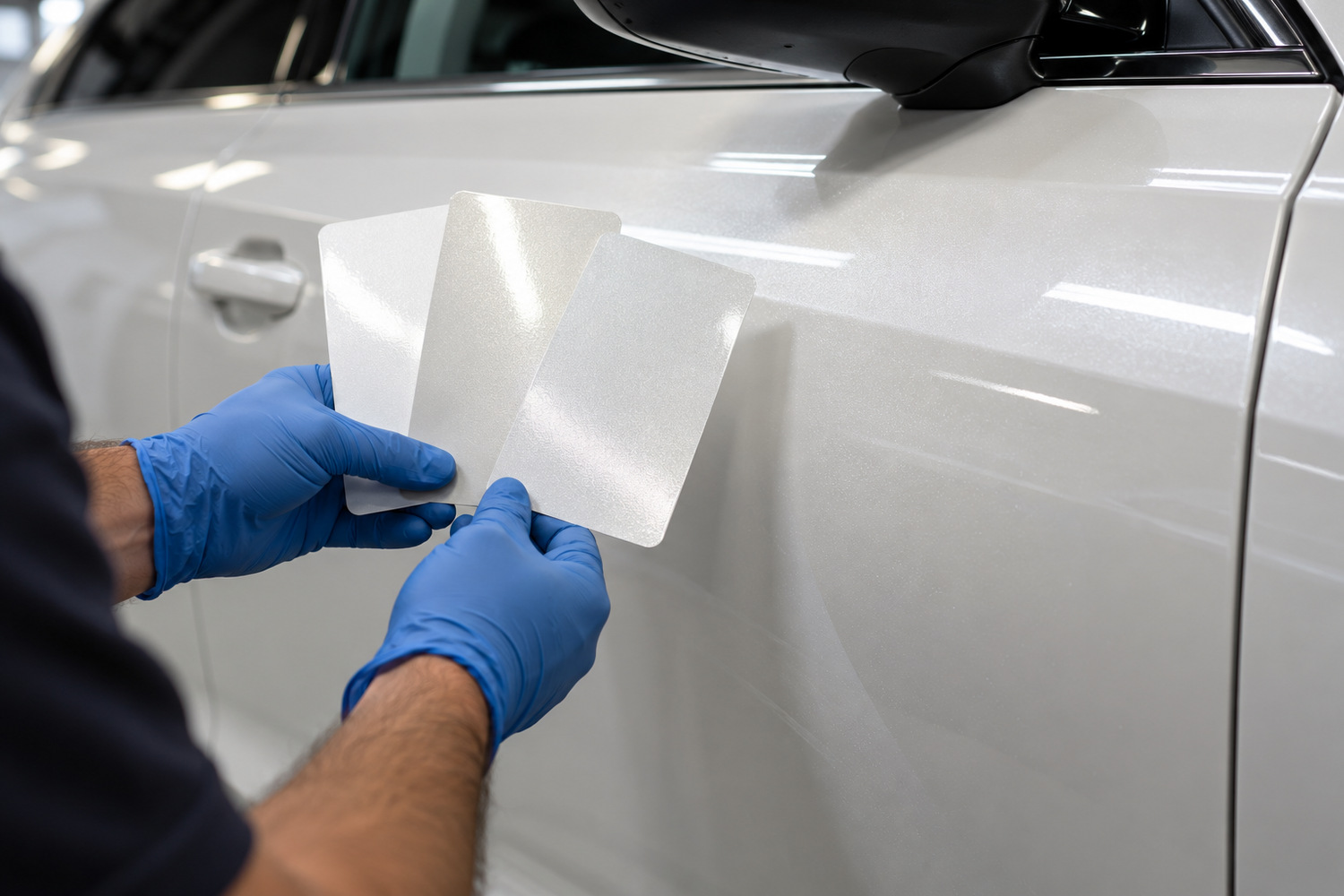 Gloved hands compare pearlescent white paint samples against a car door.