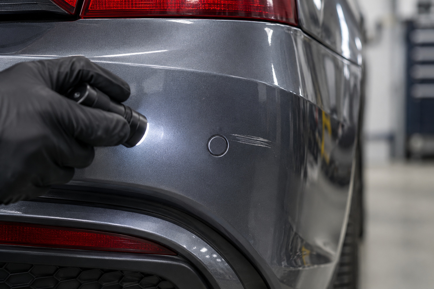 A gloved hand illuminates a flush parking sensor beside a scrape on a rear bumper.