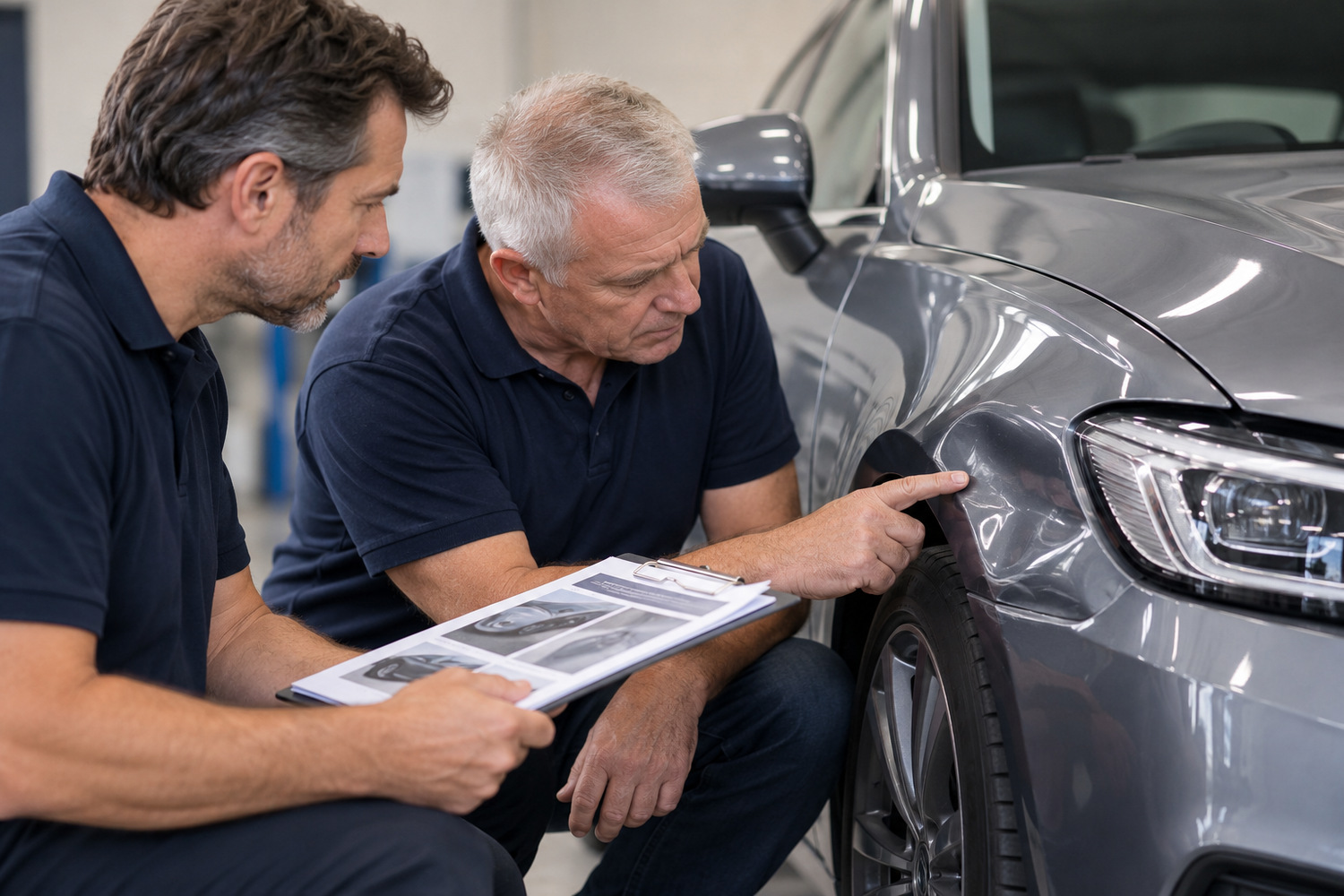 Two repair assessors review paperwork beside a dented front wing.